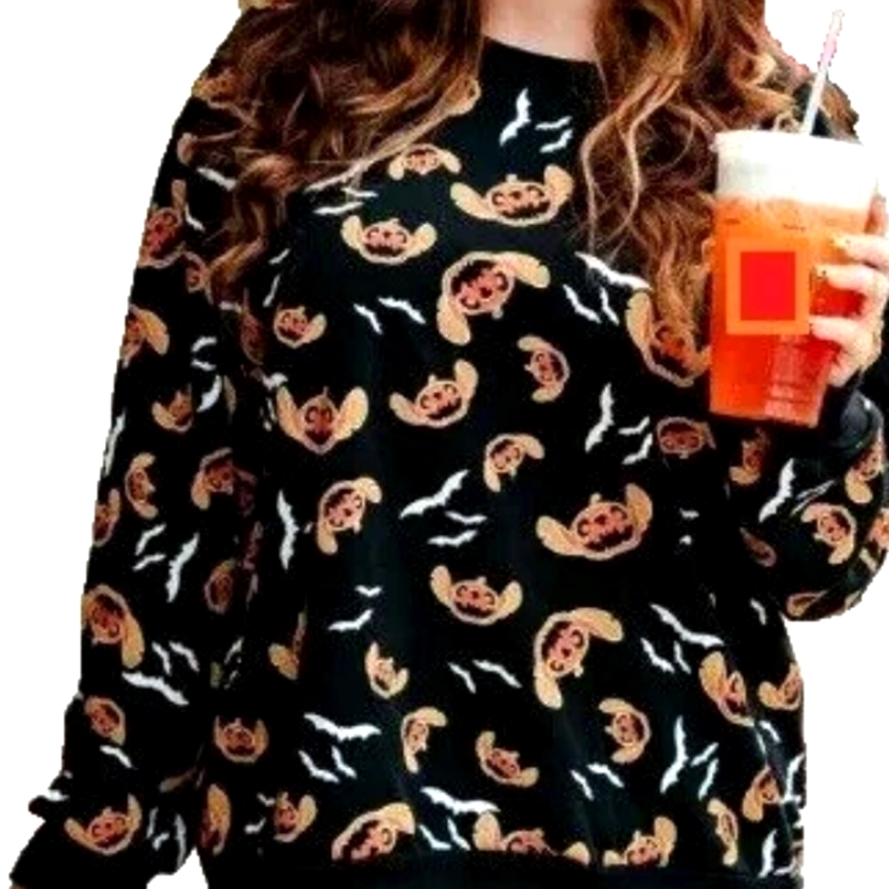 Disney Stitch Black and Orange Crewneck Sweater with Ribbed Trim. Size SX